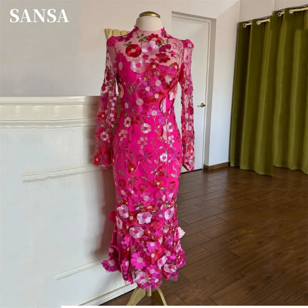 

Sansa Spring 3D Lace Embroid Mermaid Prom Dress Long Sleeve Vestidos De Noche Knee Lenght Prom Dress Sweet Trumpet فساتين السهرة
