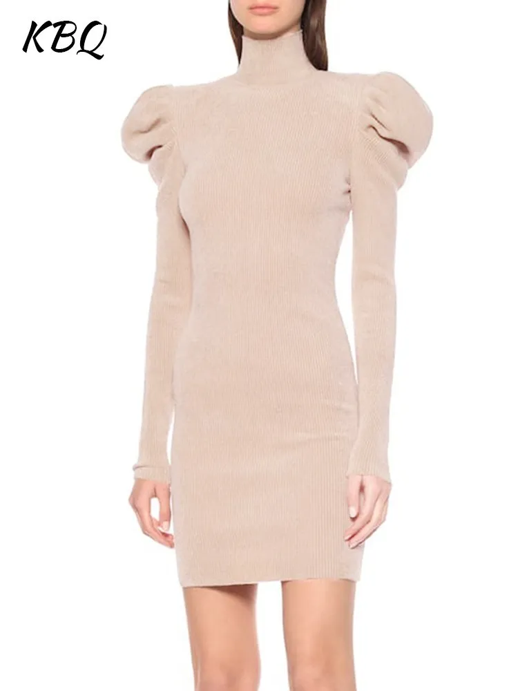 

KBQ Knitting Folds Dresses For Women Stand Collar Long Sleeve High Waist Slimming A Line Mini Elegant Dress Female Spring New