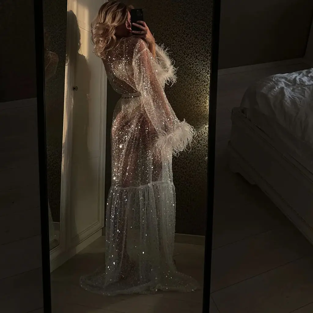 HEZIOWYUN Women's Summer Sheer Lace Nightgown Flare Long Sleeve Plush Cuff See Through Sequins Nightdress Maxi Robes with Belt