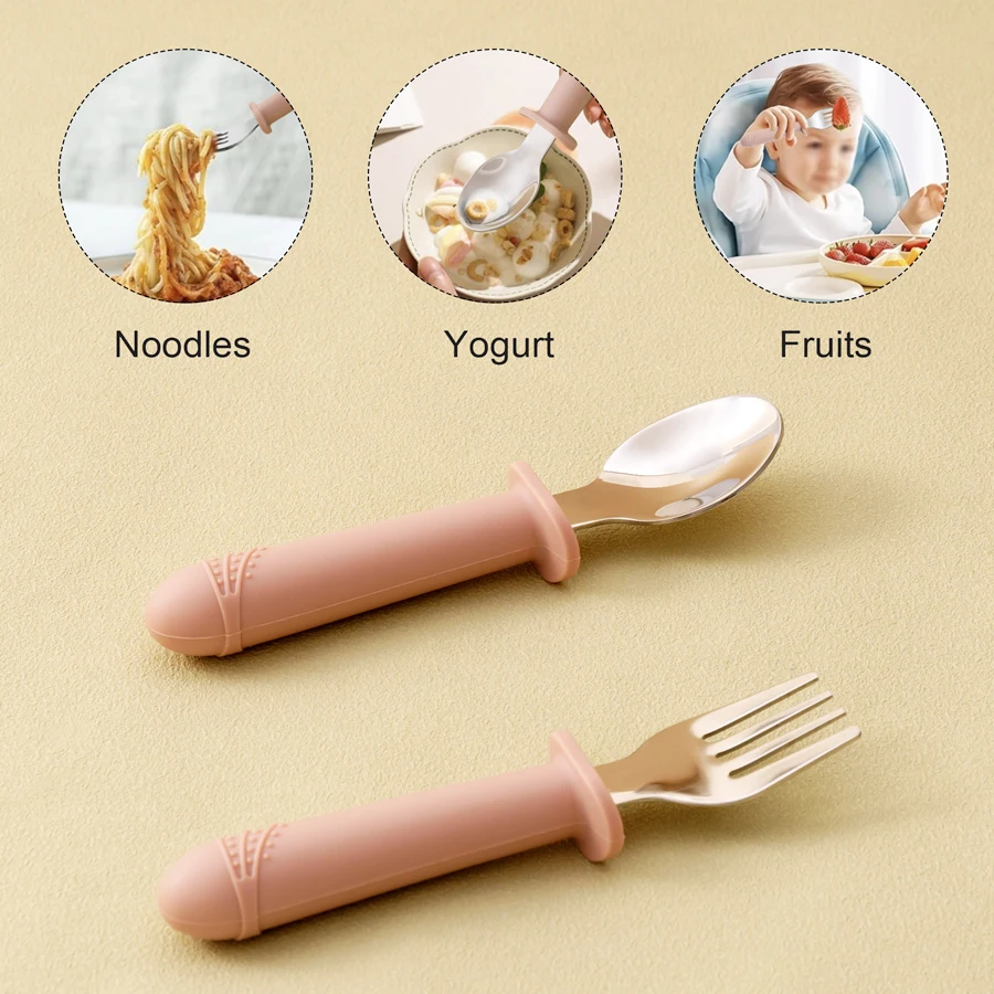 2PCS Baby Silicone Stainless Steel Spoon Fork Portable Baby Utensils Feeding Training Tableware Children's Cutlery