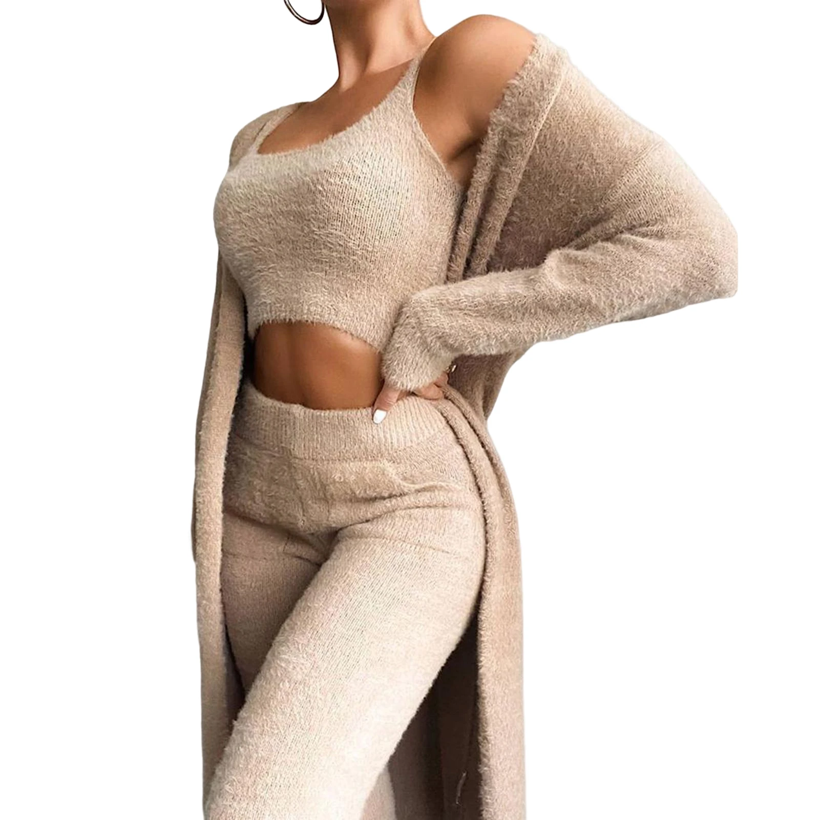 

Women's Fuzzy Pajamas 3pc Suit Hooded Cardigan Crop Top for Daily life Work Shopping