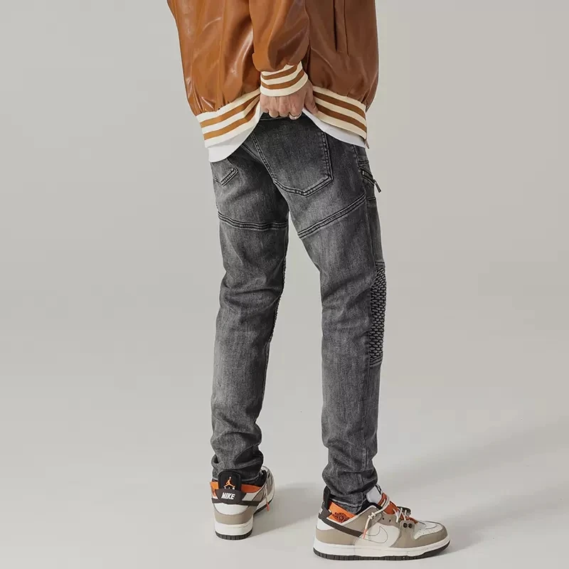 Street Fashion Men Jeans Retro Black Gray Elastic Wrinkle Patch Designer Slim Biker Jeans Men Punk Trousers Hip Hop Pants Hombre