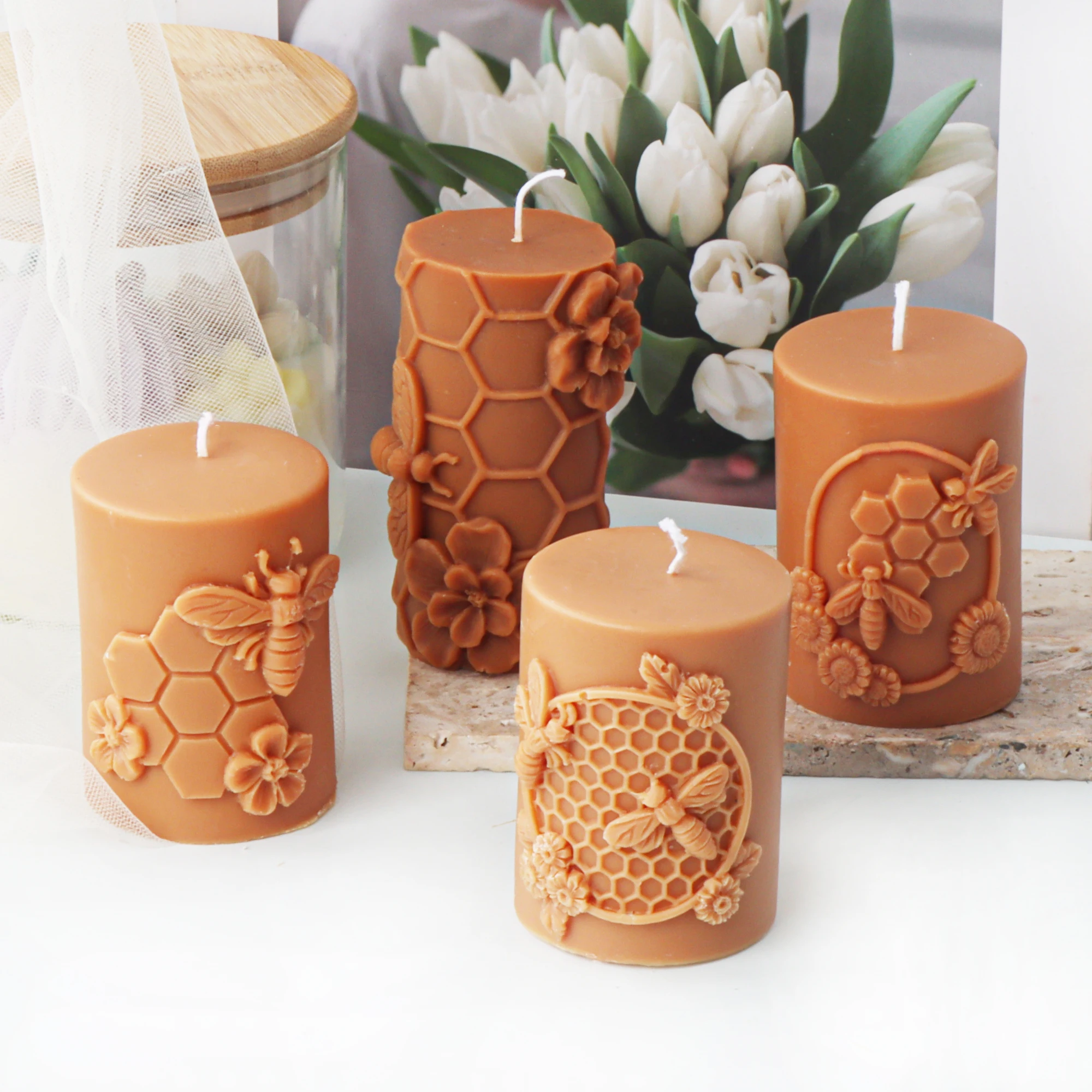 3D Relief Bee Cylindrical Candle Silicone Mold DIY Honeycomb Column Aromatherapy Candle Plaster Making Tool Handmade Gift Decor aromatherapy candle mold,silicone mold,silicone candle molds,silicone candle mold,cylindrical candle mold,candle mold