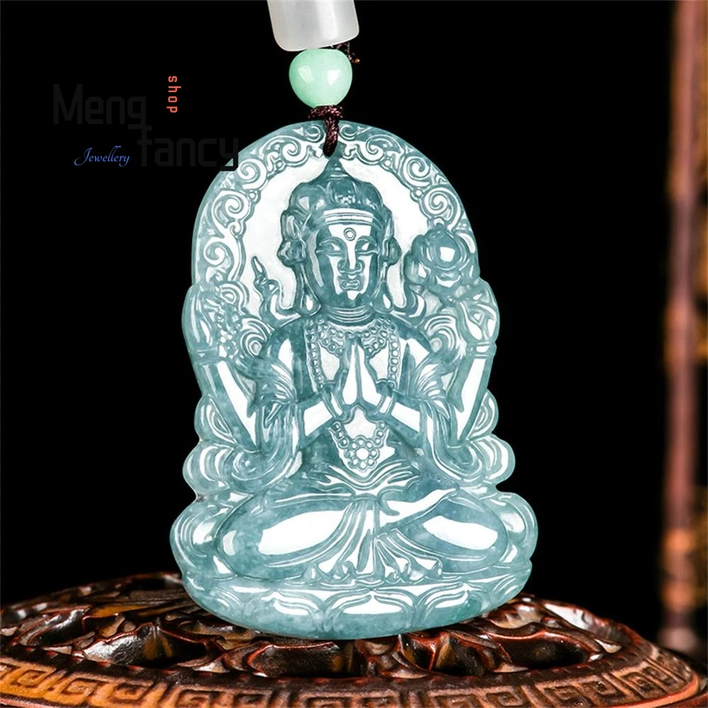 Natural A-goods Jadeite Blue Water Four-armed Goddess of Mercy Ice Jade Pendant High-grade Fashion Luxury Jewelry Holiday Gifts