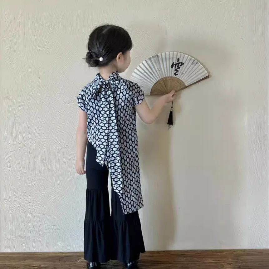 

Children Clothing Girls Set 2024 New Fashionable Lacing Top Chinese Style Big Bow Baby Casual Cheongsam Pants Two Piece Set