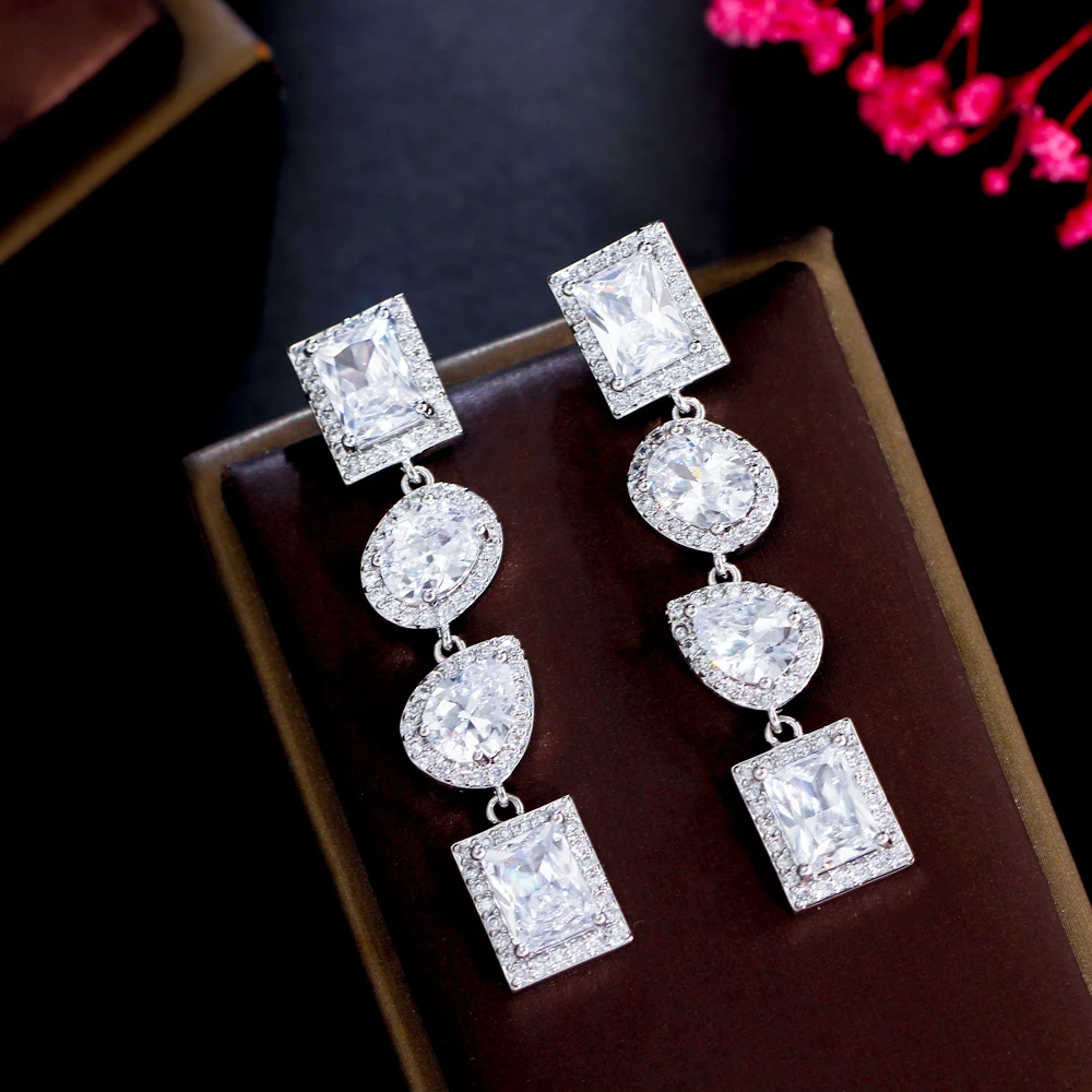 

ThreeGraces Shiny White Cubic Zirconia Stone Long Geometric Drop Earrings for Women Wedding Banquet Festival Jewelry E1469