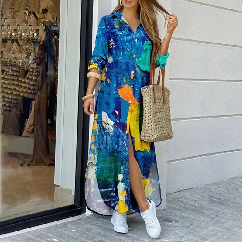 

Women's New Fashion Long Sleeve Printed Shirt Dress Positioning Flower Long Dress Temperament Commuter Waist A-line Skirt