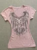 American Vintage Simple V-Neck Pink Print Graphic Tee Short Sleeve Slim Fit Skinny Grunge Crop Top 2000S Y2K T-Shirt