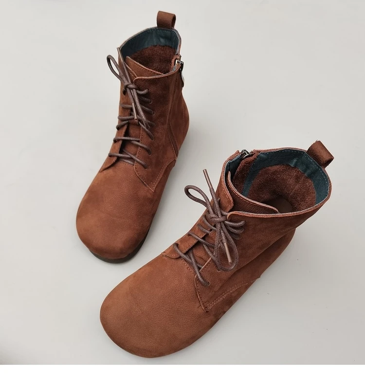 Careaymade 여성용 가죽 부츠, 부드러운 밑창 플랫 부츠, 오리지널 라운드 암소 가죽, 하이탑, 캐주얼 싱글 부츠, 100% 신상