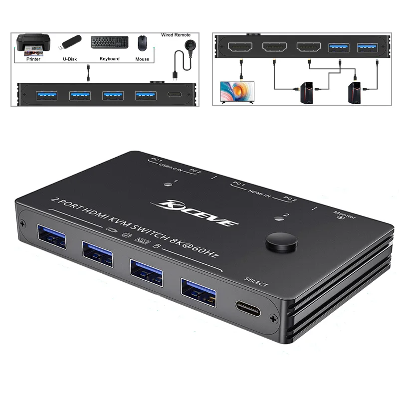 

2 PCs share 1 monitor and 4 USB3.0 devices USB Hub 8k@60Hz Multi-function 2 In 1 Out 2-Ports HDMI KVM Switch Splitter Adapter