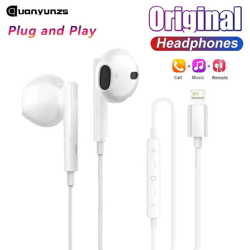 Original Wired Earphones For iPhone 16 15 14 13 12 11 Pro Max 7 8Plus X XR XS In-Ear Earbud For Lightning USB C 3.5mm Earbuds 3