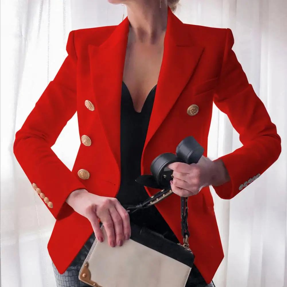 

Lady Fashion Blazer Lapel Long Sleeve Lapel Suit Jacket Stylish Solid Color Double Breasted Blazer for Daily Wear