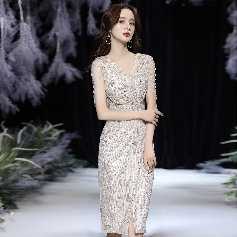 2024 New Birthday Prom Party Dress Women'S Champagne Celebrity Style Banquet Party Dress Sleeveless Slim Fit Evening Dress