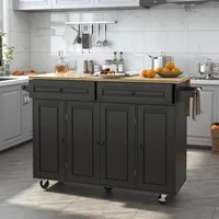 55" Kitchen Cart with Wood Top and Drop Leaf Breakfast Bar, Rolling Mobile Kitchen Island Table on Wheels with Drawer 2