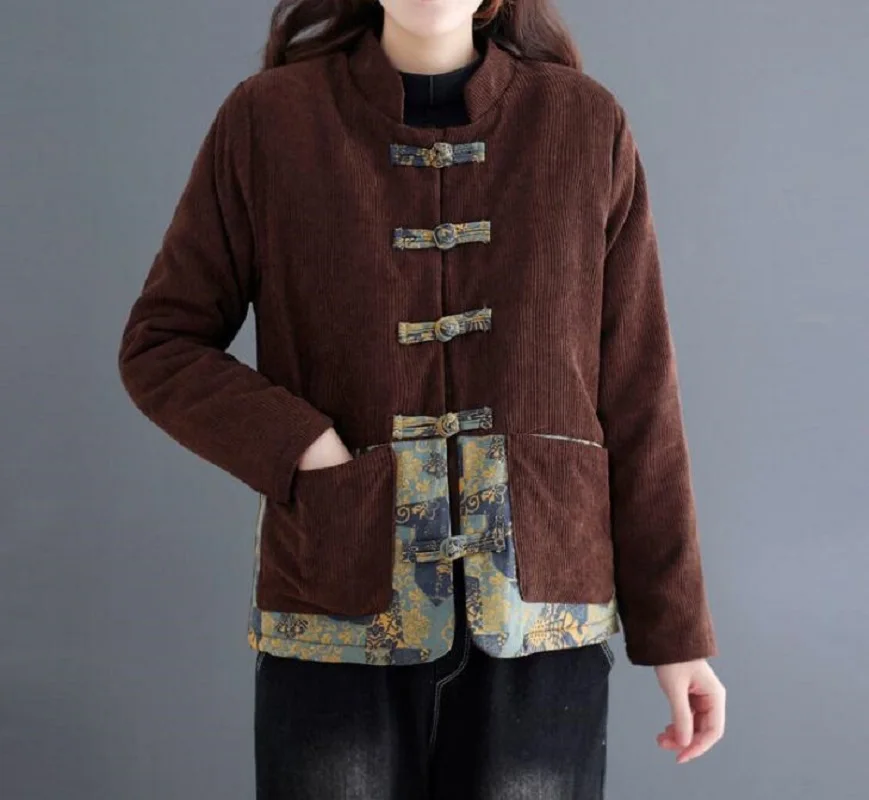 Winter Chinese Classical Women Corduroy Cotton Coat Plush Thick Jacket Ladies Casual Long Sleeve Keep Warm Jackets