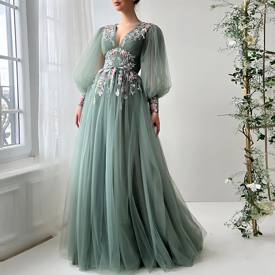 Formal Pale Green Long Dress A-Line Off Shoulder Tulle Sequin Green Long Prom  Dress, Green