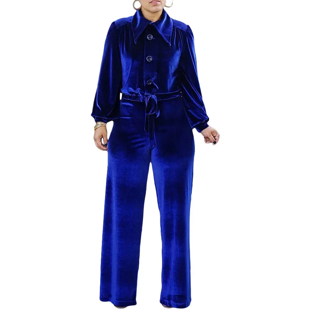 

2023 African Clothes for Women 2 Piece Autumn Winter African Long Sleeve Blue Top Pant Matching Sets Dashiki African Clothing