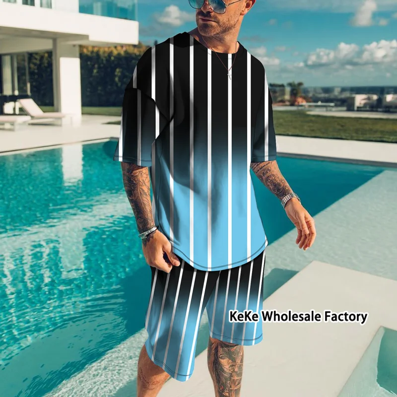 

Summer Men's Sets 3D Stripe Printing Plus Size Tshirt Shorts 2 Piece Outfits Short Sleeve Tracksuit Breathable Fitness Clothes