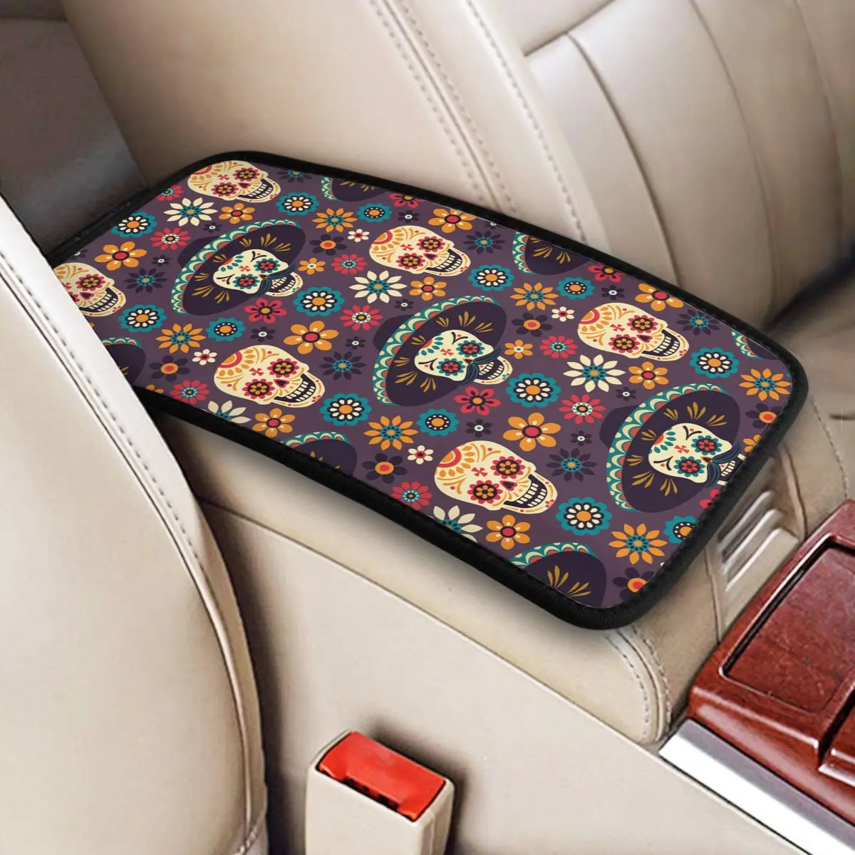 Sugar Skull Floral Car Armrest Cover Mat Day of the Dead Halloween Center Console Cover Pad Auto Styling Interior Accessories