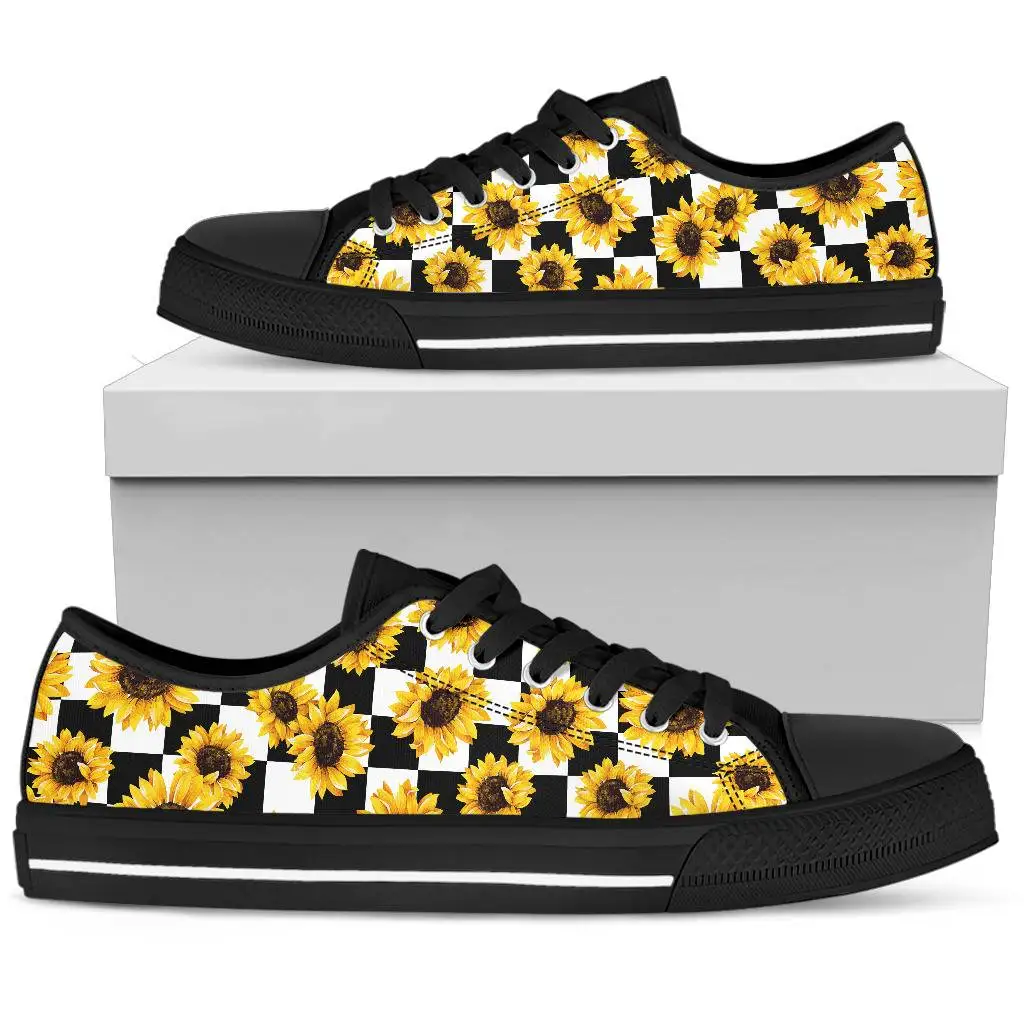 Checkboard Sunflower Prints Black White Women Summer Casual Sneakers Lace Up Canvas Vulcanized Flat Shoes Zapatillas Mujer