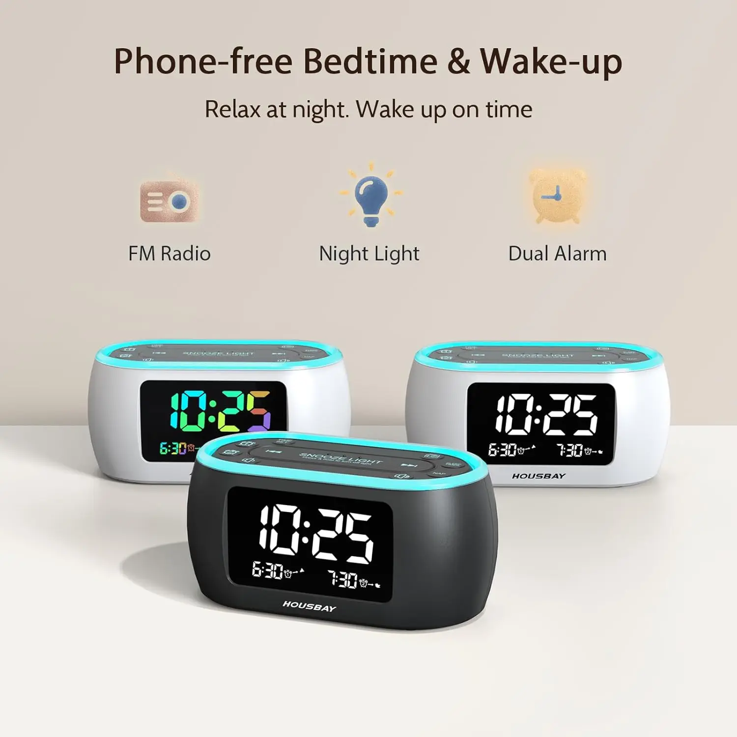 Digital Alarm Clock Radio with Dual Alarm, Night Light, and Bedside Convenience for Phone-Free Wake-up 2