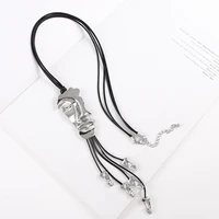 Amorcome Ethnic Silver Color Tribal Human Face Long Necklace  Black Leather Rope Bohemian Large Tassel Pendant Necklaces Jewelry