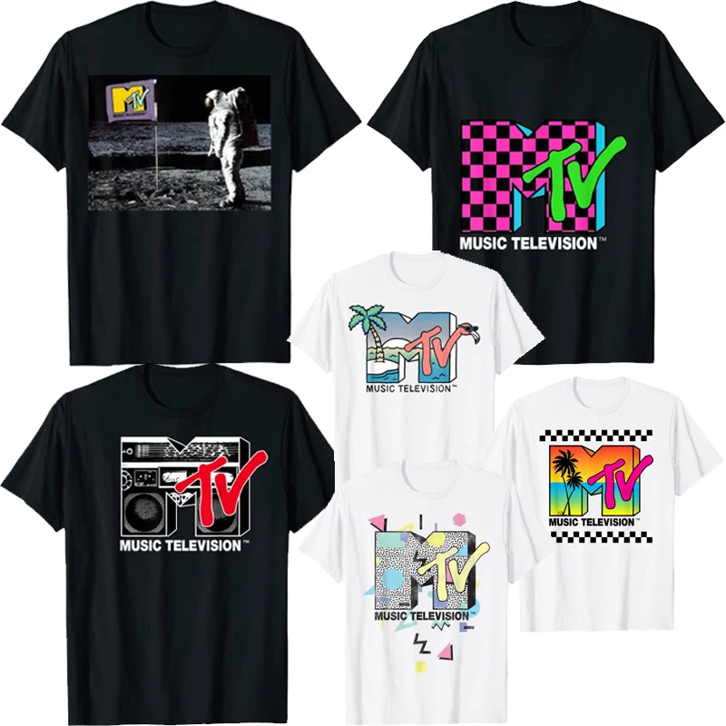 Mtv Beach Island Flamingo Logo Vintage Graphic T-Shirt M-T-V Sunset Shape Boombox Checker Design Tee Top Man On The Moon Outfits