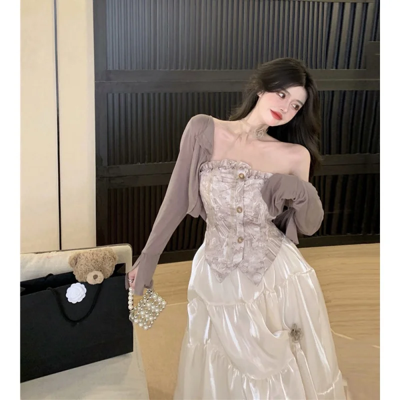 

French Tube Top Dress Women's Clothing Summer Pure Desire Style Mesh Elegant Stitching High Sense Mid-Length Fairy Skirt