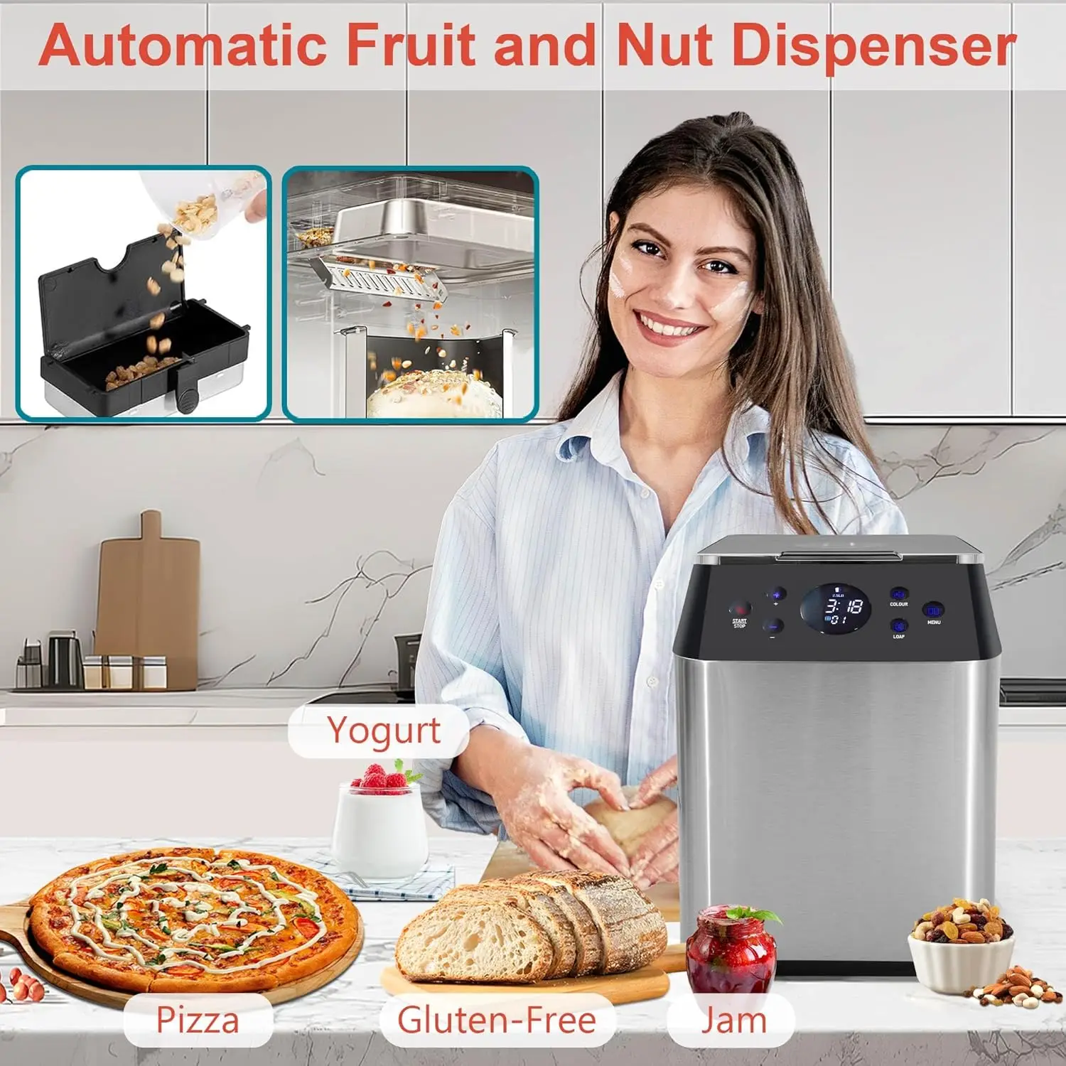 Quiet Bread Maker Machine, 710W Die-Cast Ceramic Pan Bread Machine with Dual Heaters, Stainless steel Breadmaker with Auto Fruit 5