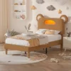 VECELO Twin Kids Upholstered Bed Frame with LED Cute Bear Ear Platform Bed with Adjustable Headboard No Box Spring Need 1