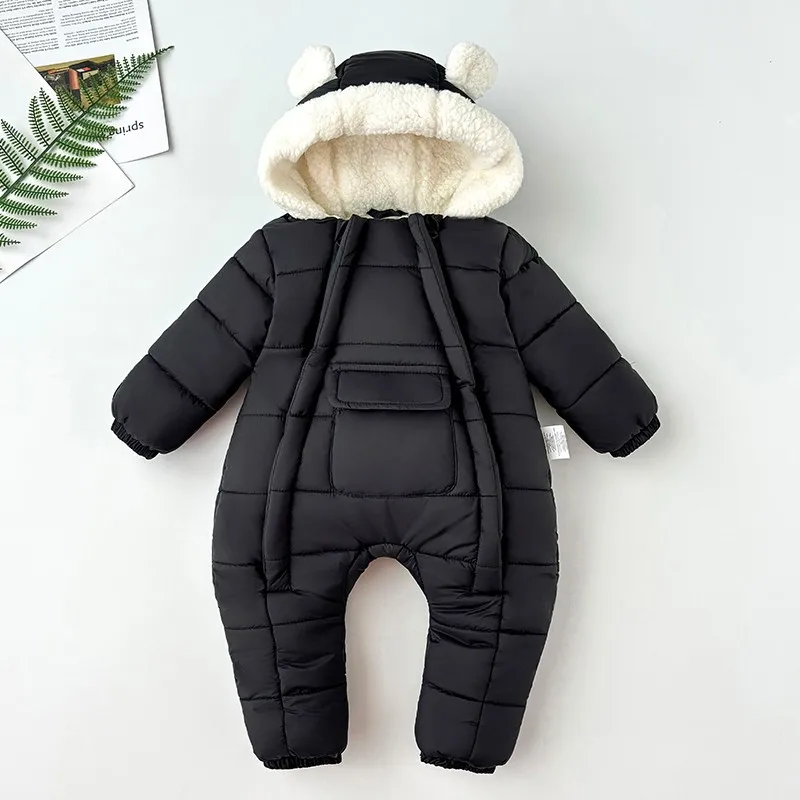 -30℃ Winter New Baby Boys Girls Rompers Solid Color Berber Fleece Lining Thick Warm Hooded Bodysuit For Kids One Piece Overalls 4