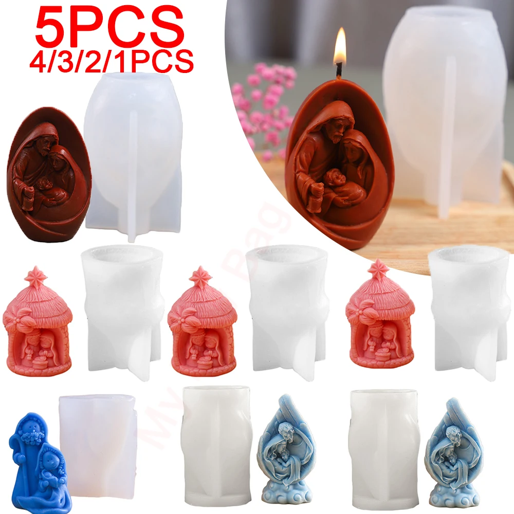 1-5PCS Holy Family Nativity Set Candle Mold Resin Epoxy Plaster Silicone Mould Jesus Virgin Mary Christmas Gift DIY Wax Tool