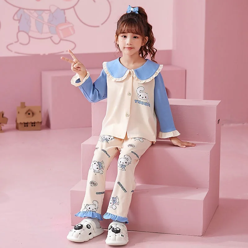 

Kawaii Sanrio Hello Kitty Kids Pajamas Cute Cartoon Cinnamoroll Girls Spring/autumn Cotton Long Sleeve Pajamas Girls Homewear