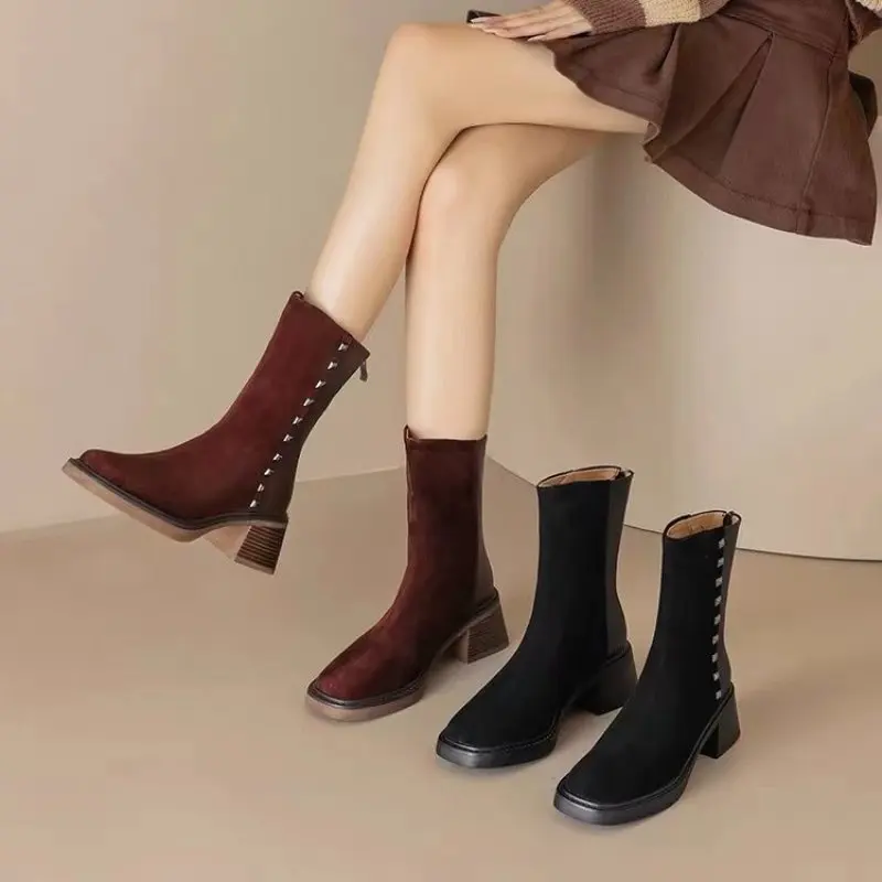 Woman Sock Ankle Boots 2024 Spring Autumn Pointed Toe Low Heel Elastic Flock Black Comfortable Booties Lady Fashion Casual Shoes