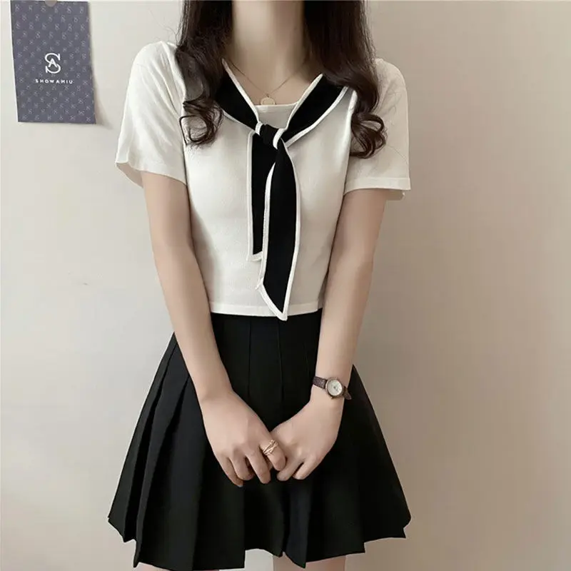 

Yasuk Summer Fashion Women's Casual T-Shirt Female Pullover Solid Patchwork Top Fake Two Piece Shawl Suit Student Gentle Knitted