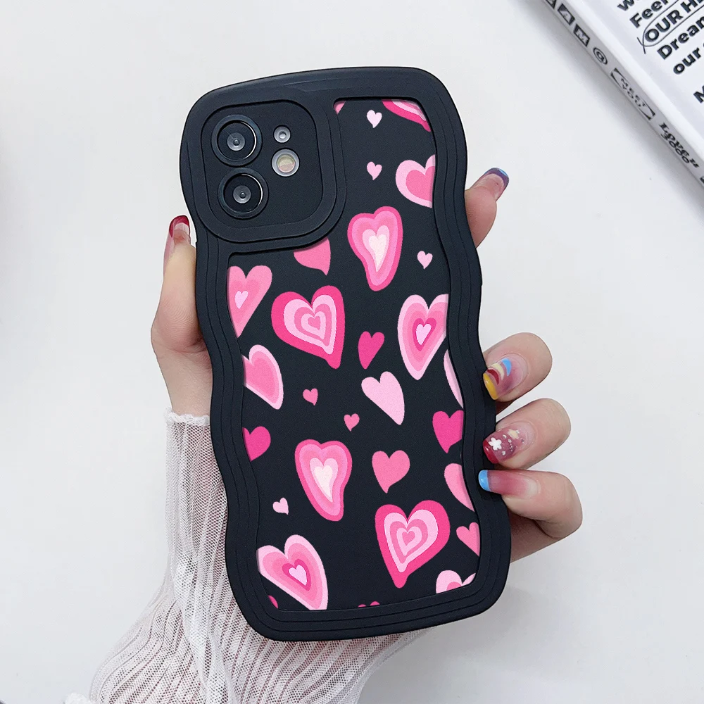 Funda de teléfono con borde curvo ondulado y corazón de amor para iPhone 15 Pro Max, funda para iPhone 11, 12, 13, 16, 14 Pro Max, X, XS, XR, 7, 8 Plus, SE 2020