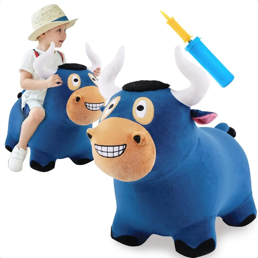 iPlay iLearn Bouncy Pals Bull Hopping Horse Plush Inflatable Animal Hopper for Indoor and Outdoor Use Interactive Ride-On Jumpi