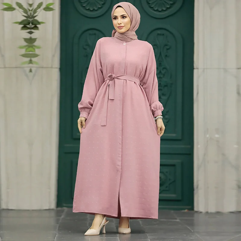 Simple Casual Muslim Dress Three Dimensional Jacquard Waist Tied Elegant Middle Eastern Robe Pink Long Sleeved Women's Clothing