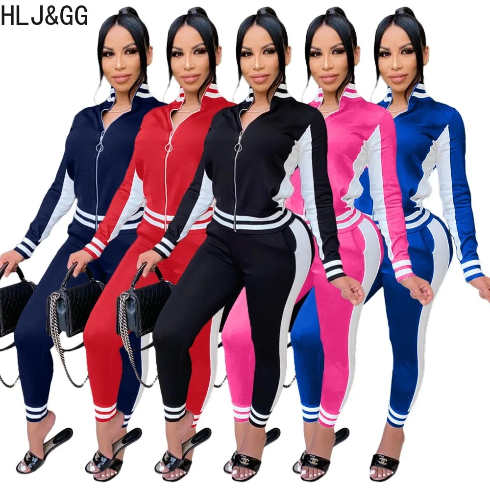 HLJ&GG Autumn Winter Color Patchwork Tracksuits Women Zip Long Sleeve Coat+Jogger Pants Two Piece Sets Caual Sporty 2pcs Outfits