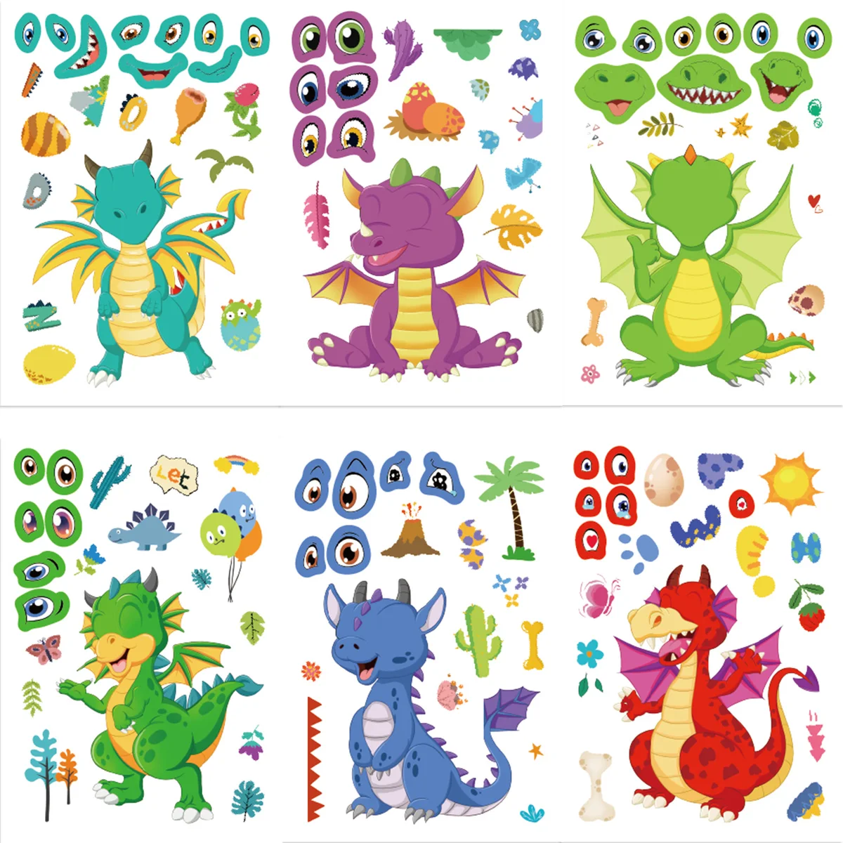 8/16/24Pcs Dragon DIY Cute Cartoon Puzzle Sticker Creative Animals Make A Face Assembly Stickers Children's Toys — view 4