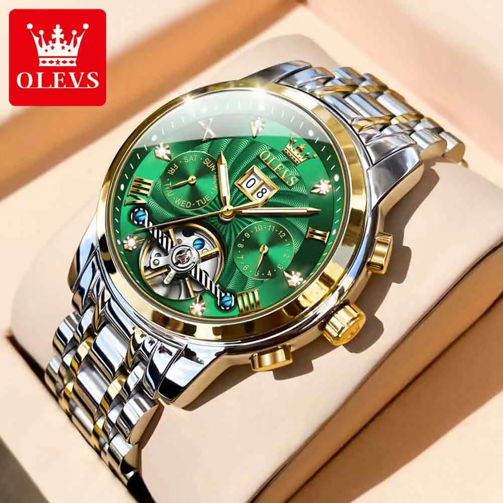 OLEVS Mens Watch Automatic Mechanical Tourbillon Slef-Wind Luxury Stainless Steel Waterproof Luminous Date Wrist Watch