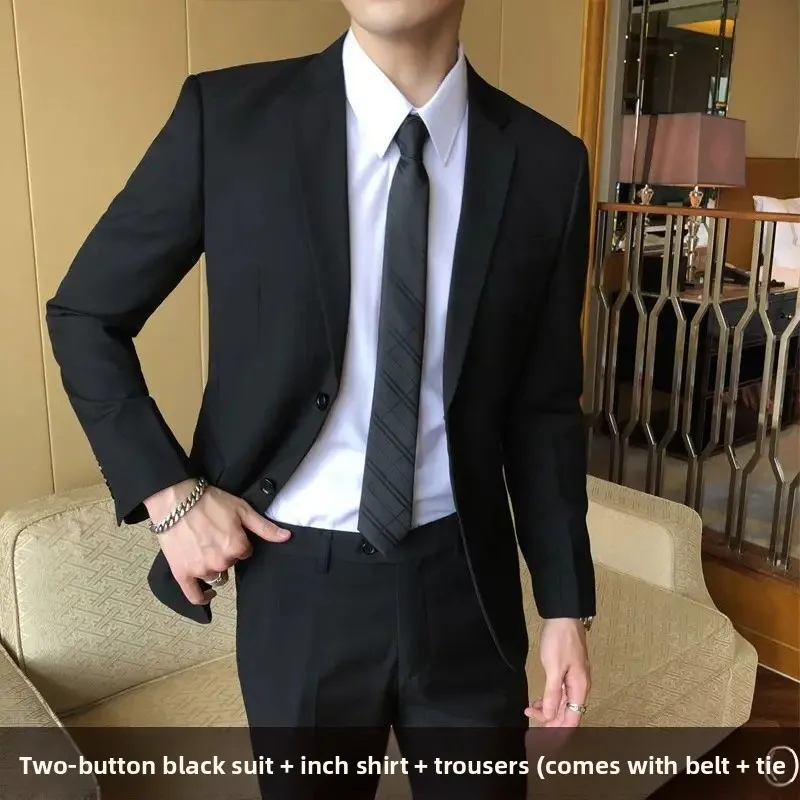 Two-button black suit + shirt + pants + tie belt