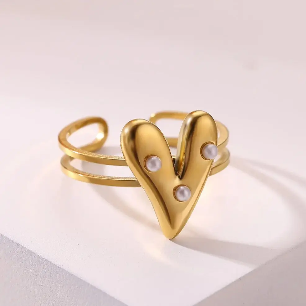 Pearl Heart Ring 18K Gold Plated Stainless Steel Adjustable Jewelry Gift