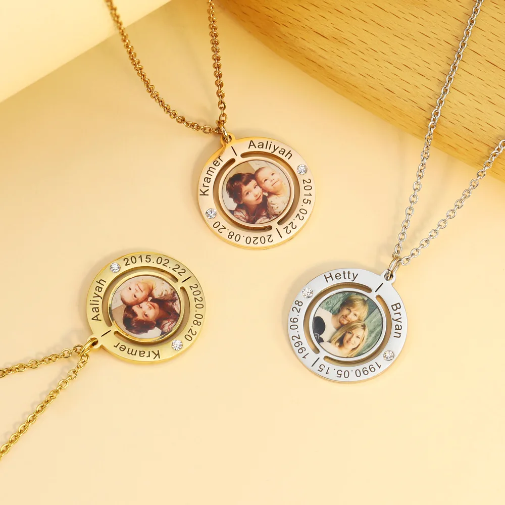 Custom Colorful Photo Rhinestones Inner Circle Charm Necklace For Women Personalzied Names Girl Mother Collarbone Jewelry Gifts