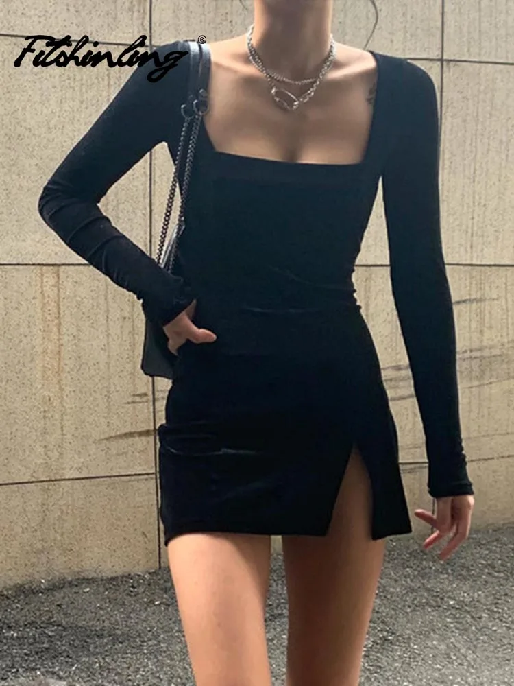 Fitshinling Gothic Side Slit Velvet Dress Sexy Slim Mini Dresses Dark Hot Sheath Goth Street Style Grace Punk Grunge Feminino red dress