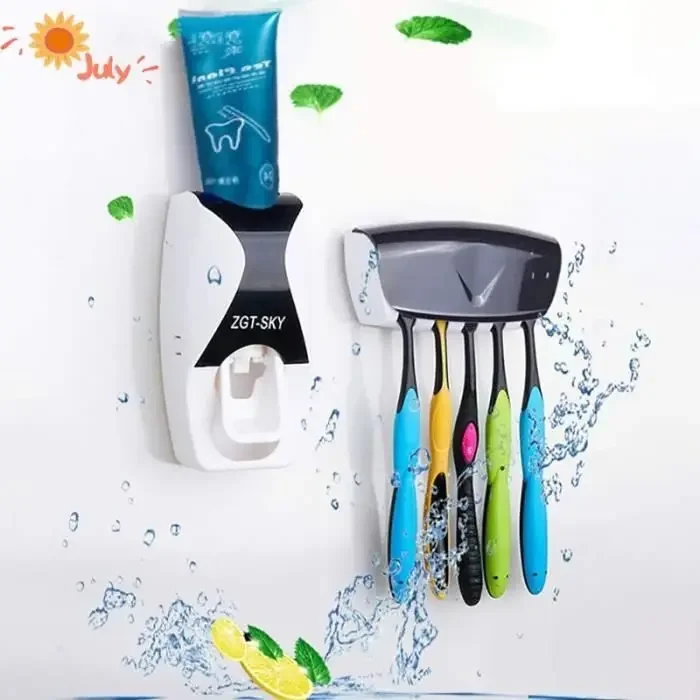 Automatic Toothpaste Dispenser | Wall Mount Dust-Proof Toothbrush Holder Set | Bathroom Accessories Squeezer Organizer
