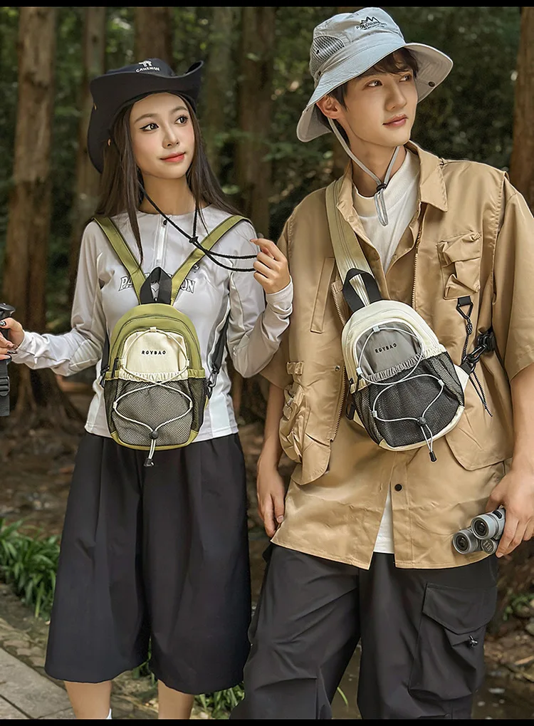 Trendige Retro-Umhängetasche, Brusttasche, Persönlichkeit, trendiger Farbblock-Rucksack in Mini-Größe, Outdoor-Sport, Wandern, doppelte Umhängetaschen – Detail 14