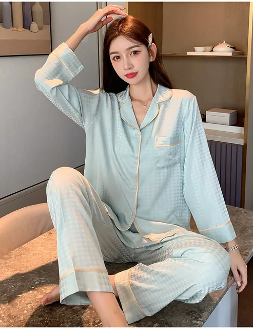 Cailv Kerini 2 Piece Pajamas Set Plaid Pijama Faux Silk Satin Lapel Pyjama  Female Sleepwear Long Sleeve Shirt Pants Homewear - AliExpress