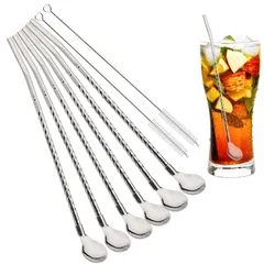 Vibrant Reusable Stainless Steel Straw and Spoon Set - Colorful Cocktail & Coffee Stirring Accessories (Silver)