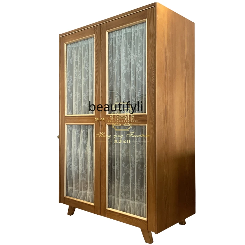 

Wardrobe Vintage Cabinet Wardrobe Locker Solid Wood Mesh Curtains Cabinet American Glass Wardrobe